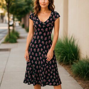 Vintage Jones New York Black Silk Floral Midi Dress Sz 6 Fairy Coquette Y2K